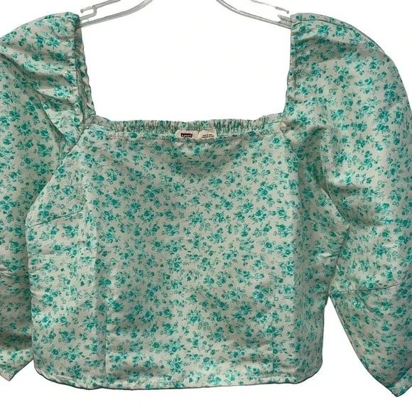 Levi's Women's Puff 3/4 Sleeve Cropped Blouse Green Floral Size Large - Picture 2 of 8